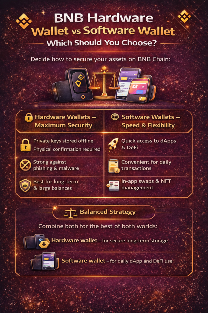 Infographic comparing BNB hardware wallets and software wallets in 2026, highlighting offline private key security, dApp access, daily usability, and a balanced strategy using both for BNB Chain asset protection.