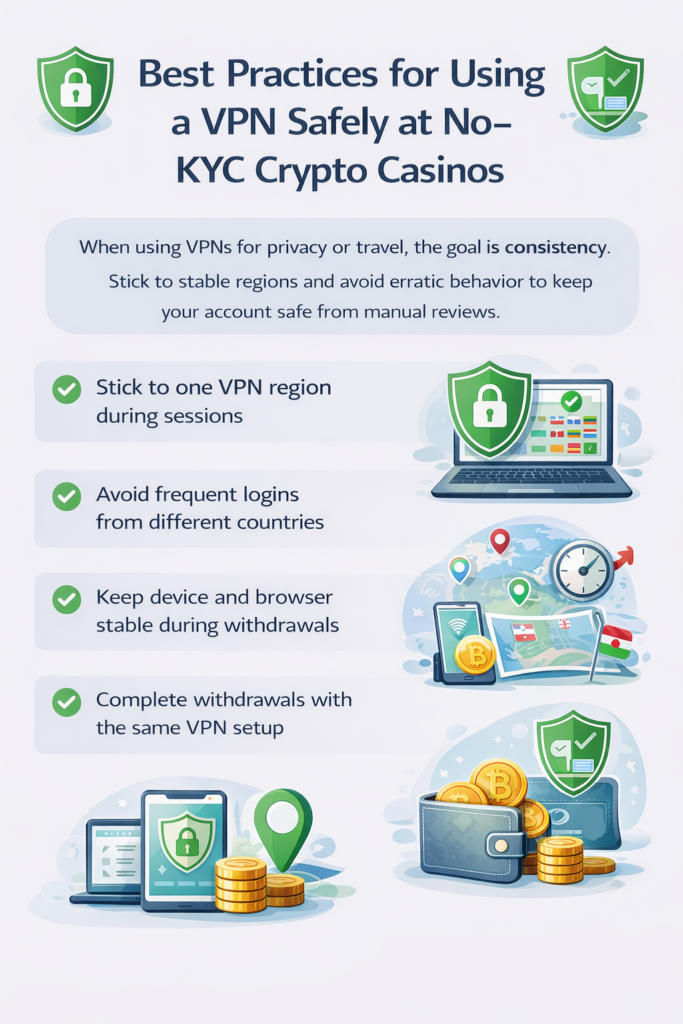 Infographic outlining best practices for using a VPN safely at no-KYC crypto casinos, including consistent region use, stable devices, and avoiding frequent location changes.