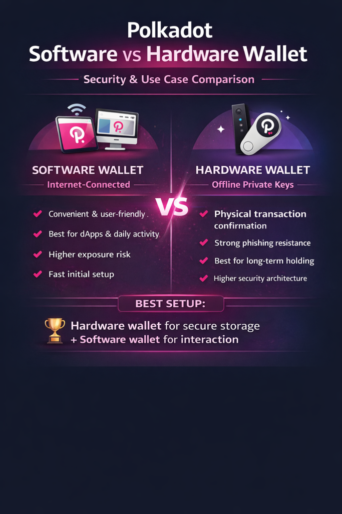 Infographic comparing Polkadot software wallets and hardware wallets, highlighting differences in security, private key storage, staking use cases, and long-term protection.