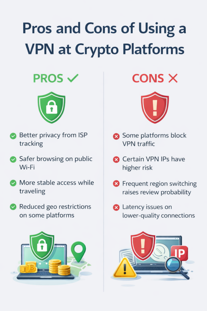 Infographic showing the pros and cons of using a VPN at crypto platforms, including privacy benefits, safer public Wi-Fi use, IP blocking risks, and potential review triggers.