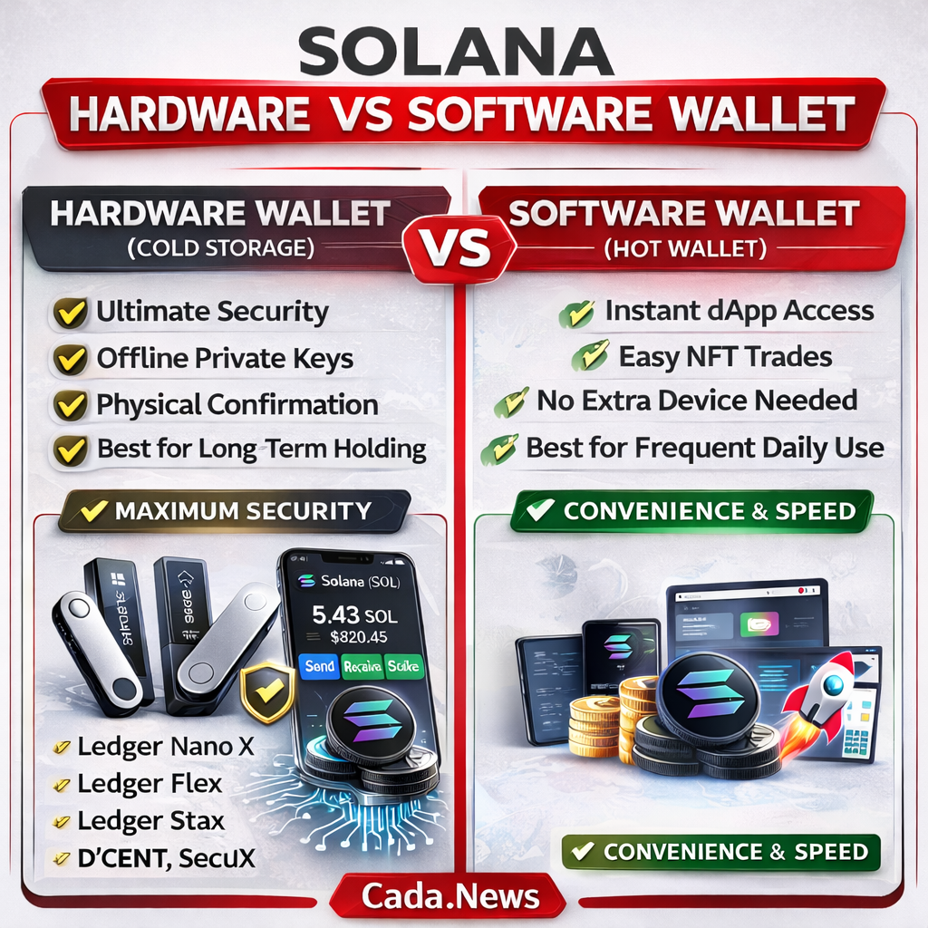 Infographic comparing Solana hardware wallet (cold storage) and software wallet (hot wallet), highlighting security, offline private keys, staking, dApp access, and daily usability differences.