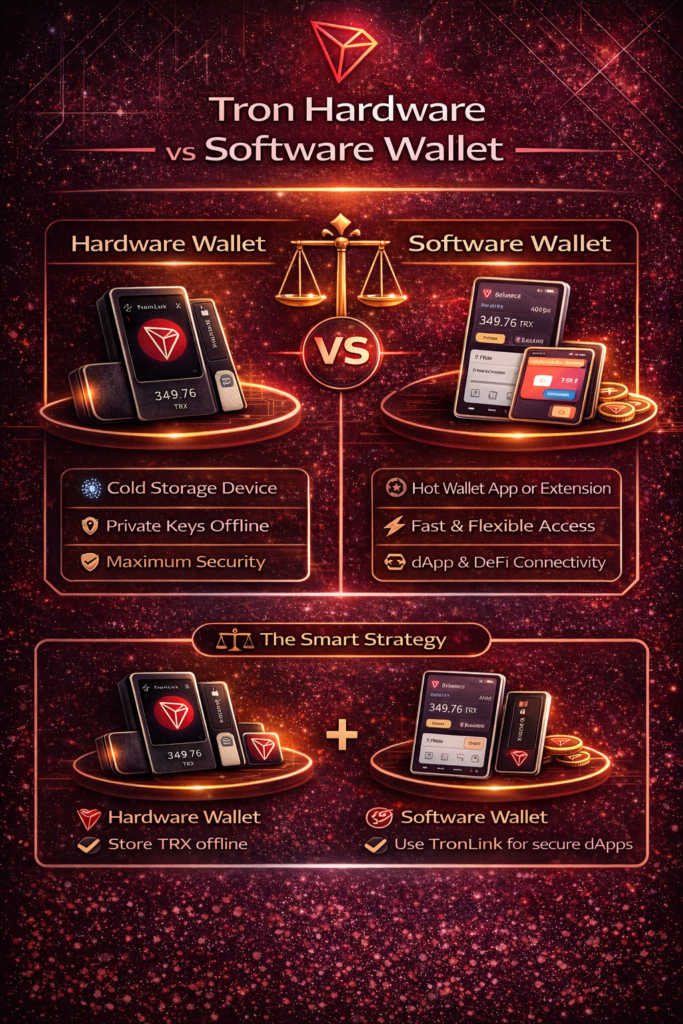 Infographic comparing Tron hardware wallets and software wallets in 2026, highlighting cold storage security, offline private keys, TRX staking, TRC20 token support, dApp access, and the benefits of combining both for maximum protection.