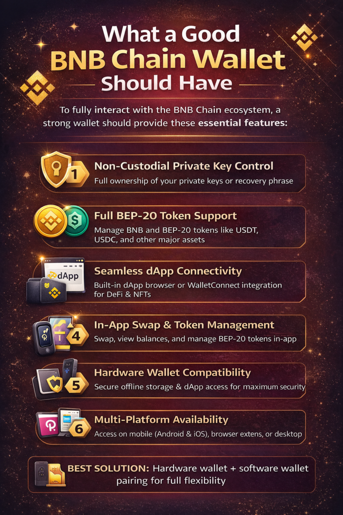 Infographic showing essential features of a good BNB Chain wallet in 2026, including non-custodial control, BEP-20 support, dApp connectivity, hardware compatibility, and multi-platform access.