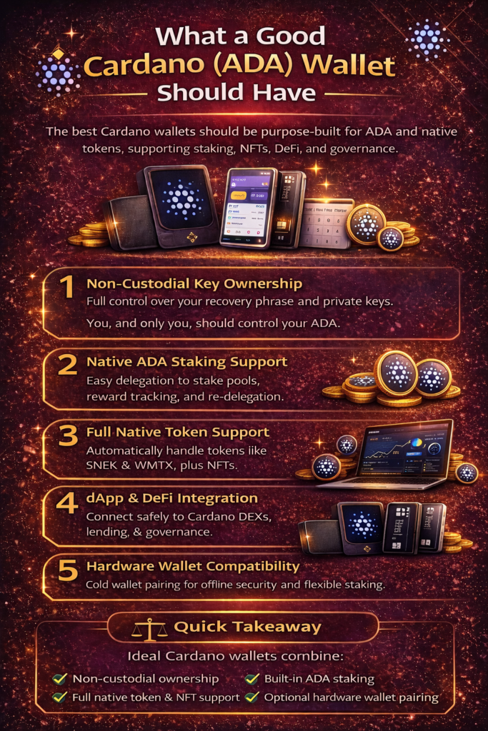 Infographic outlining the essential features of a good Cardano (ADA) wallet in 2026, including non-custodial ownership, ADA staking support, native token compatibility, dApp integration, hardware wallet pairing, and NFT management.