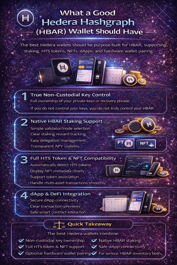 Infographic outlining the essential features of a good Hedera Hashgraph (HBAR) wallet in 2026, including non-custodial key control, native HBAR staking, HTS token and NFT support, secure dApp integration, and hardware wallet compatibility.