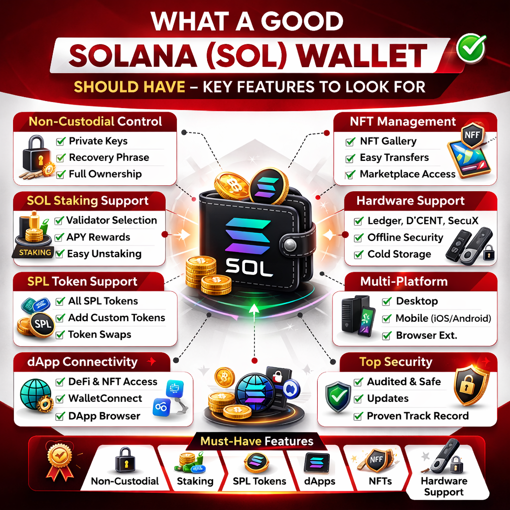 Infographic showing key features of a good Solana (SOL) wallet including non-custodial control, SOL staking support, SPL token compatibility, NFT management, dApp connectivity, hardware wallet support, and multi-platform access.