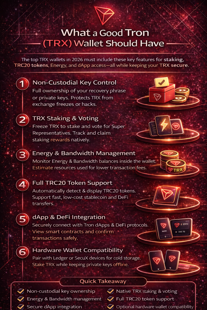 Infographic showing essential features of a good Tron (TRX) wallet in 2026, including TRX staking and voting, TRC20 token support, Energy and Bandwidth management, dApp integration, hardware wallet compatibility, and non-custodial key control