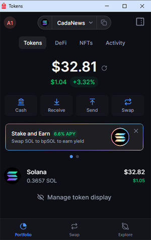 Backpack solana wallet showing SOL balance