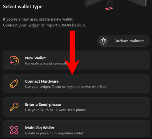 Eternl wallet connect hardware wallet option