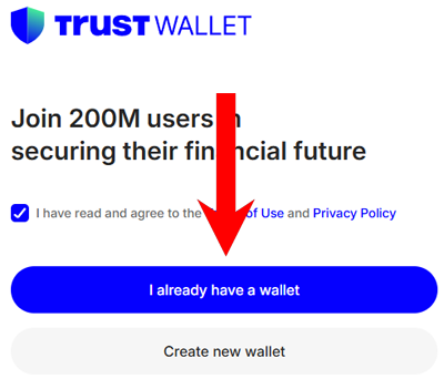 Importing existing wallet in Trust Wallet browser extension option