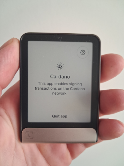 In my palm is the Ledger Flex with Cardano app open