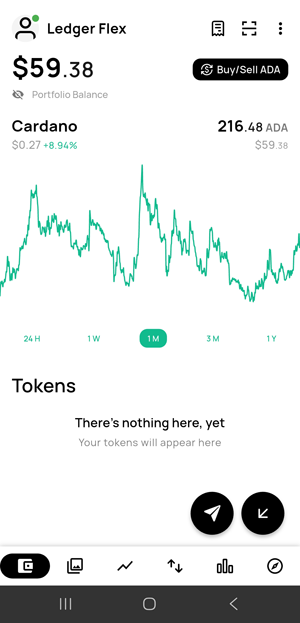 Ledger Flex integrated with VESPR Cardano mobile wallet showing ADA balance