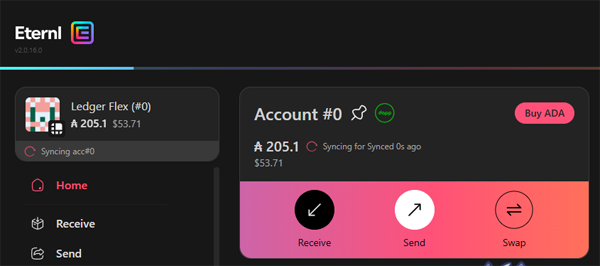 Ledger Flex successfully connnected with Eternl Cardano wallet showing ADA balance