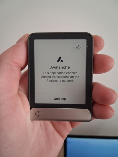 Ledger Flex wallet in my hand displaying Avalanche app