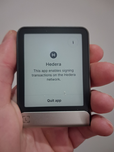 Ledger Flex wallet in my hand displaying Hedera app
