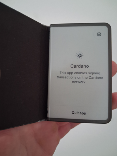 Ledger Stax in Magnet Shell displaying Cardano app