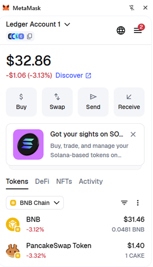 MetaMask Flex wallet displaying 1 CAKE bought from PancakeSwap and BNB balance