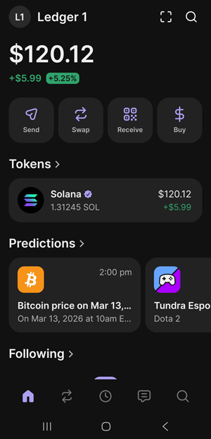 Phantom mobile app integrated with Ledger Flex showing SOL balance