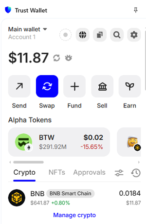 Trust Wallet browser extension showing BNB balance, same as in MetaMask