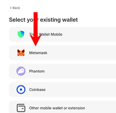 Trust Wallet select your existing wallet - MetaMask