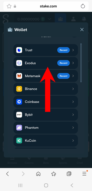 Choose Exodus wallet to connect to Stake