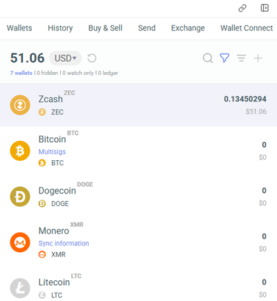 Guarda browser extension wallet showing my Zcash balance and Monero wallet