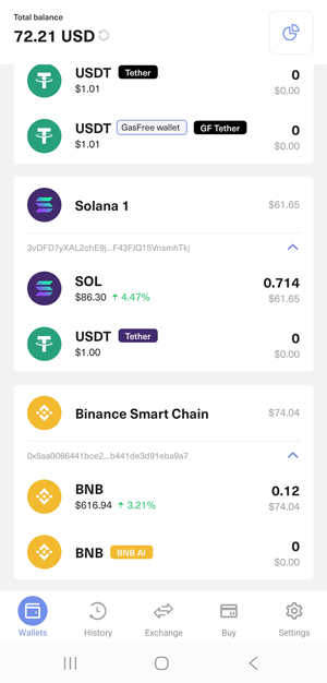 Guarda wallet displaying my BNB and Solana balance