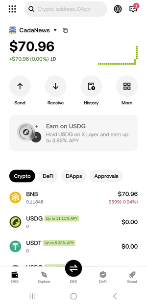 OKX Wallet app on Android device showing my crypto balance