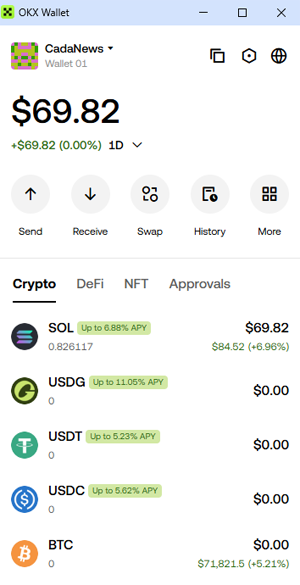 OKX Wallet browser extension wallet showing my crypto balance