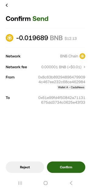 Sending BNB from my OKX Wallet to Stake