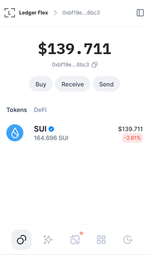 Suinet connected to Ledger Flex displaying Sui balance
