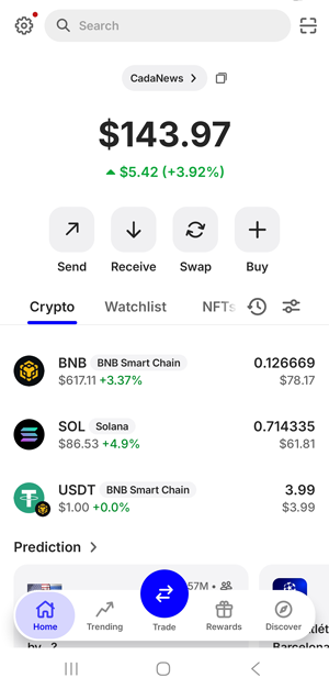 Trust Wallet on mobile displaying my BNB and Solana balance