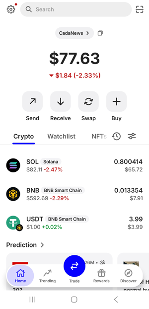 Trust Wallet displaying my crypto balance (Solana, BNB and USDT)